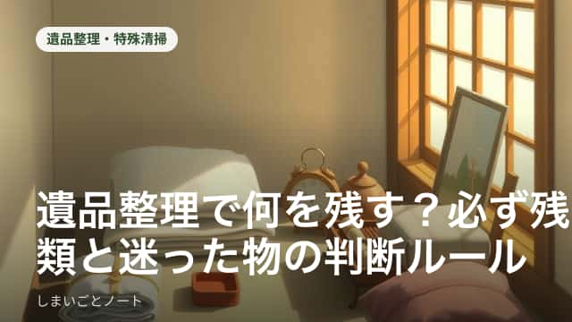 仕分けした書類と段ボール箱が並ぶ、遺品整理の作業机