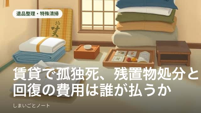 家具が残されたままの賃貸住宅の一室と、机の上に置かれた賃貸借契約書