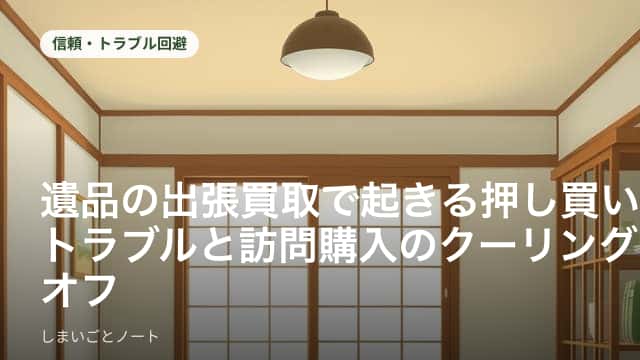 自宅の座卓に置かれた形見の指輪と着物、その横にある買取契約の書面
